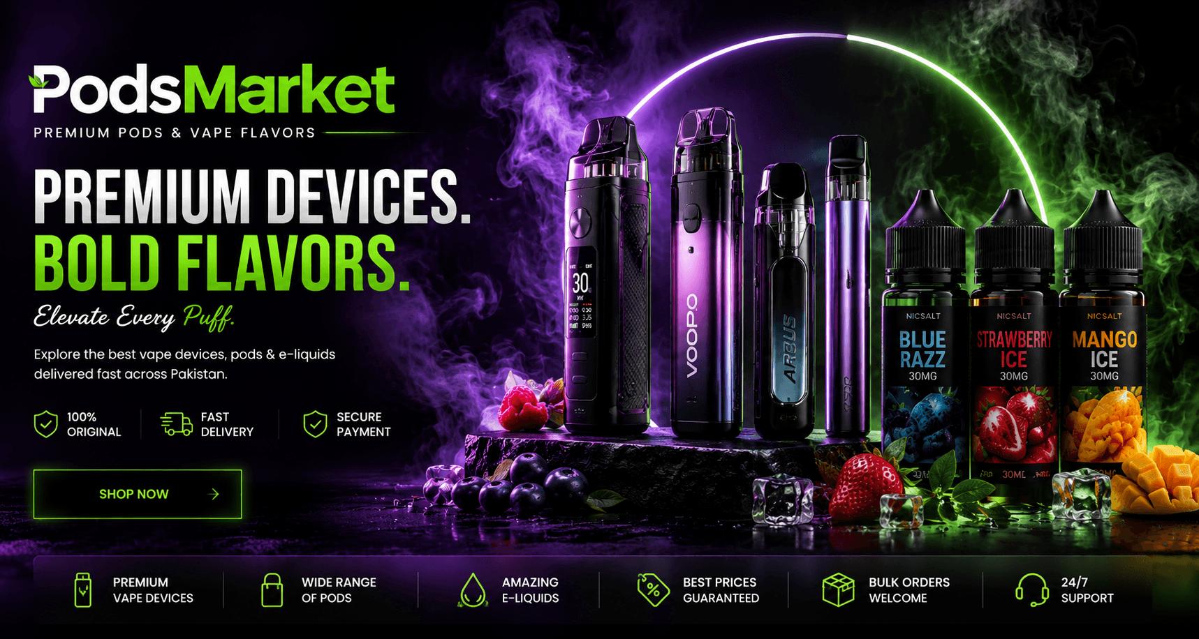 PodsMarket premium devices and bold flavors banner